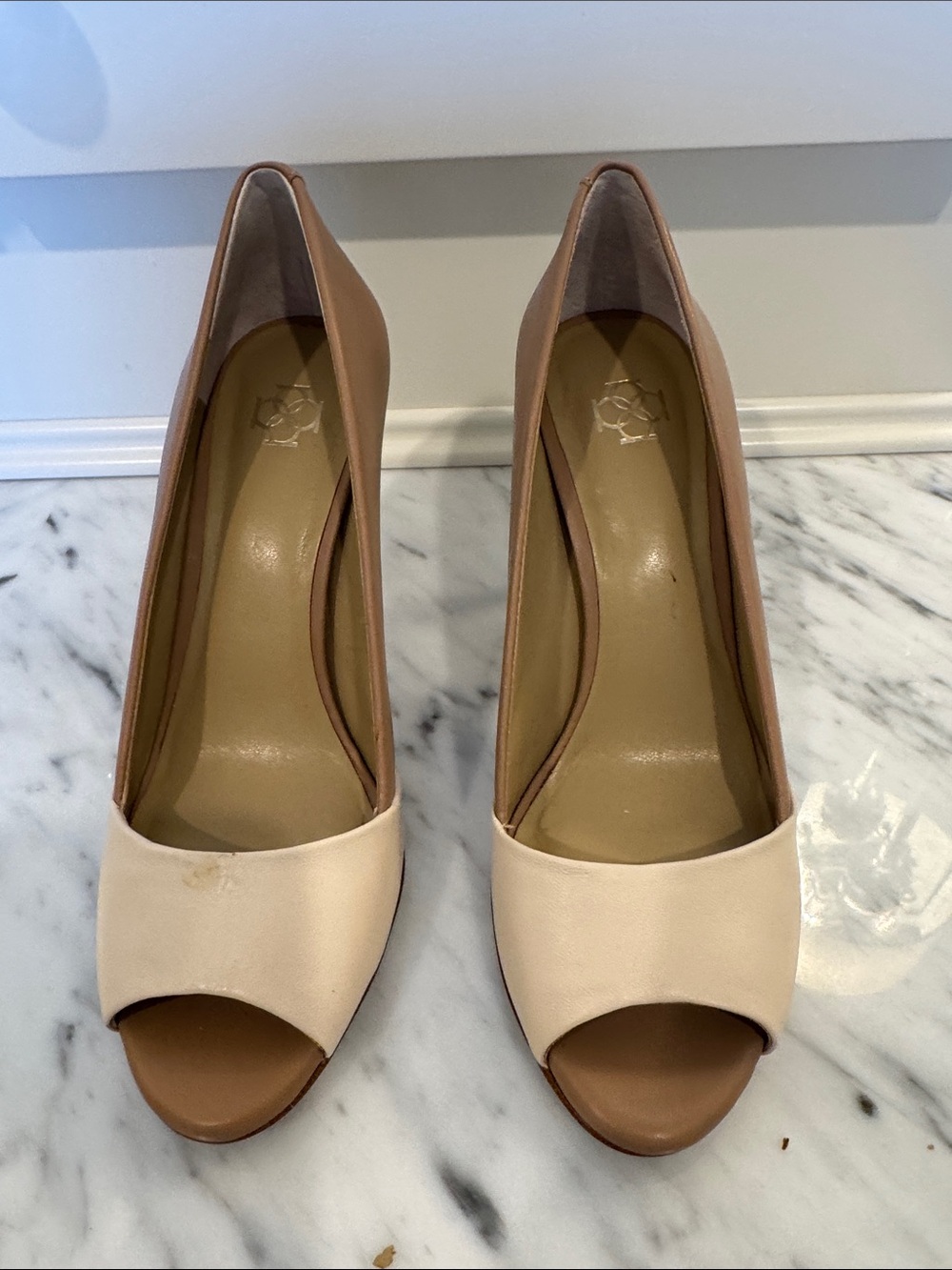 Ann Taylor Two-Tone Peep Toe Pumps in Nude and Cream